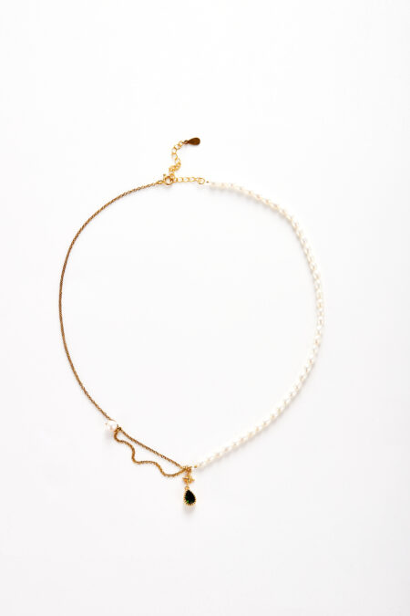 Forest & Moon Necklace — Freshwater Pearl & Diopside Pendant on 925 Sterling Silver Chain