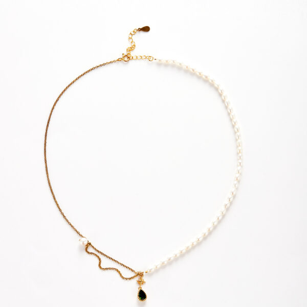 Forest & Moon Necklace — Freshwater Pearl & Diopside Pendant on 925 Sterling Silver Chain