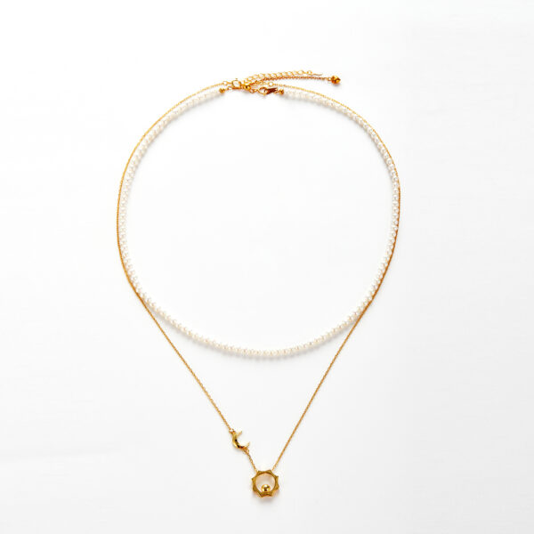Twilight Divinity Necklace - Freshwater Pearls & Sun-Moon Pendant in 18K Gold-Plated S925 Sterling Silver