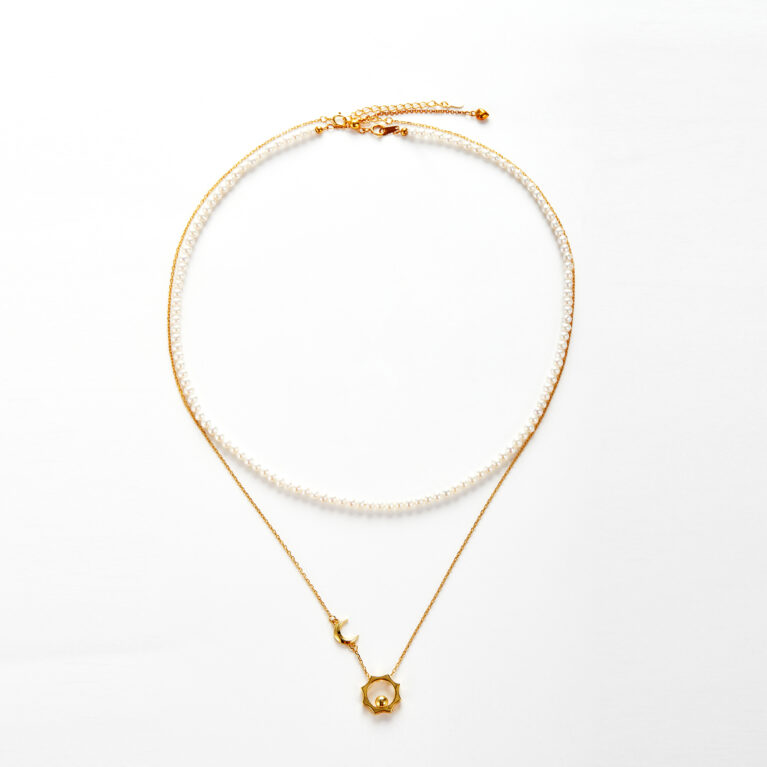 Twilight Divinity Necklace - Freshwater Pearls & Sun-Moon Pendant in 18K Gold-Plated S925 Sterling Silver
