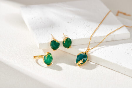Green Pebble Set - Necklace, Earrings & Ring in 18K Gold-Plated Sterling Silver