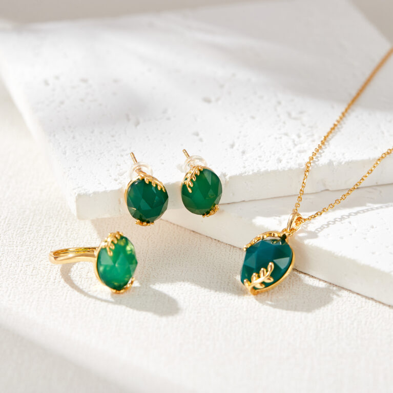 Green Pebble Set - Necklace, Earrings & Ring in 18K Gold-Plated Sterling Silver