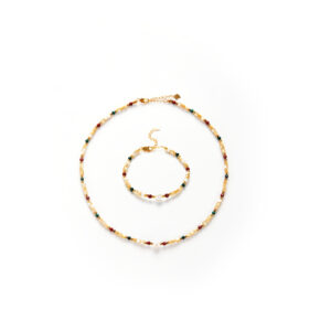 Beautiful Mood Set - Shell Pearl Necklace & Bracelet with Malachite & Red Jasper