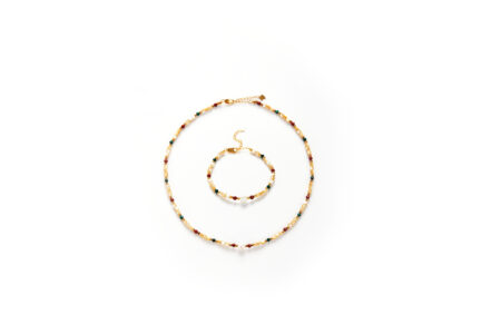 Beautiful Mood Set - Shell Pearl Necklace & Bracelet with Malachite & Red Jasper