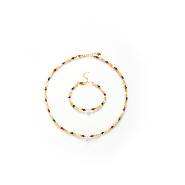 Beautiful Mood Set - Shell Pearl Necklace & Bracelet with Malachite & Red Jasper
