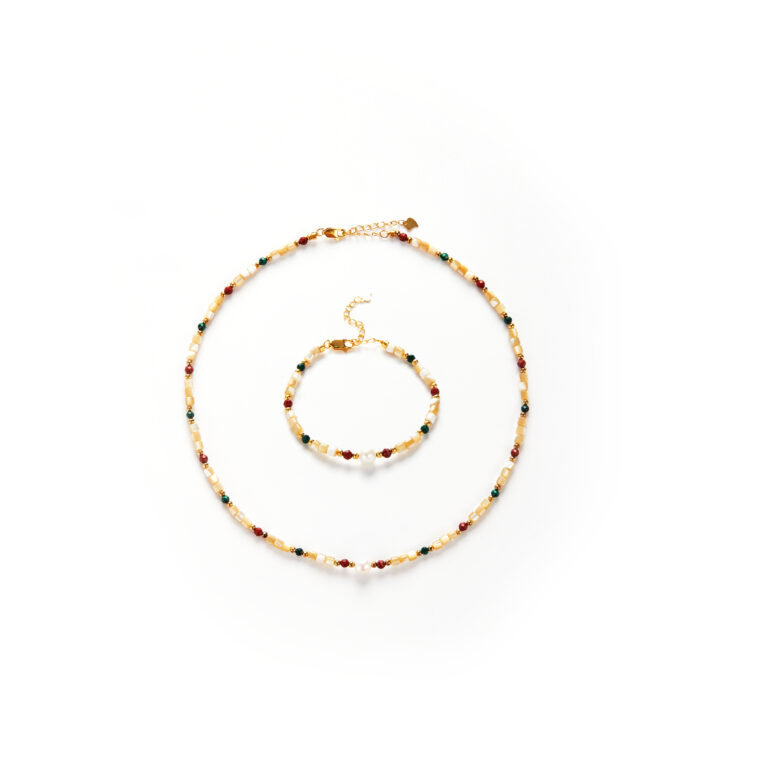 Beautiful Mood Set - Shell Pearl Necklace & Bracelet with Malachite & Red Jasper